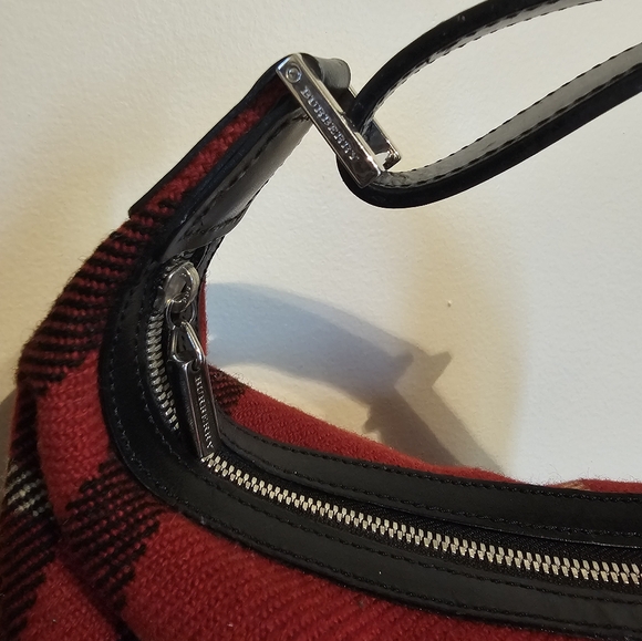 Vintage Burberry Red Wool Bag Leather Trim Exploded Checked Pattern Y2K Rare - Picture 2 of 6